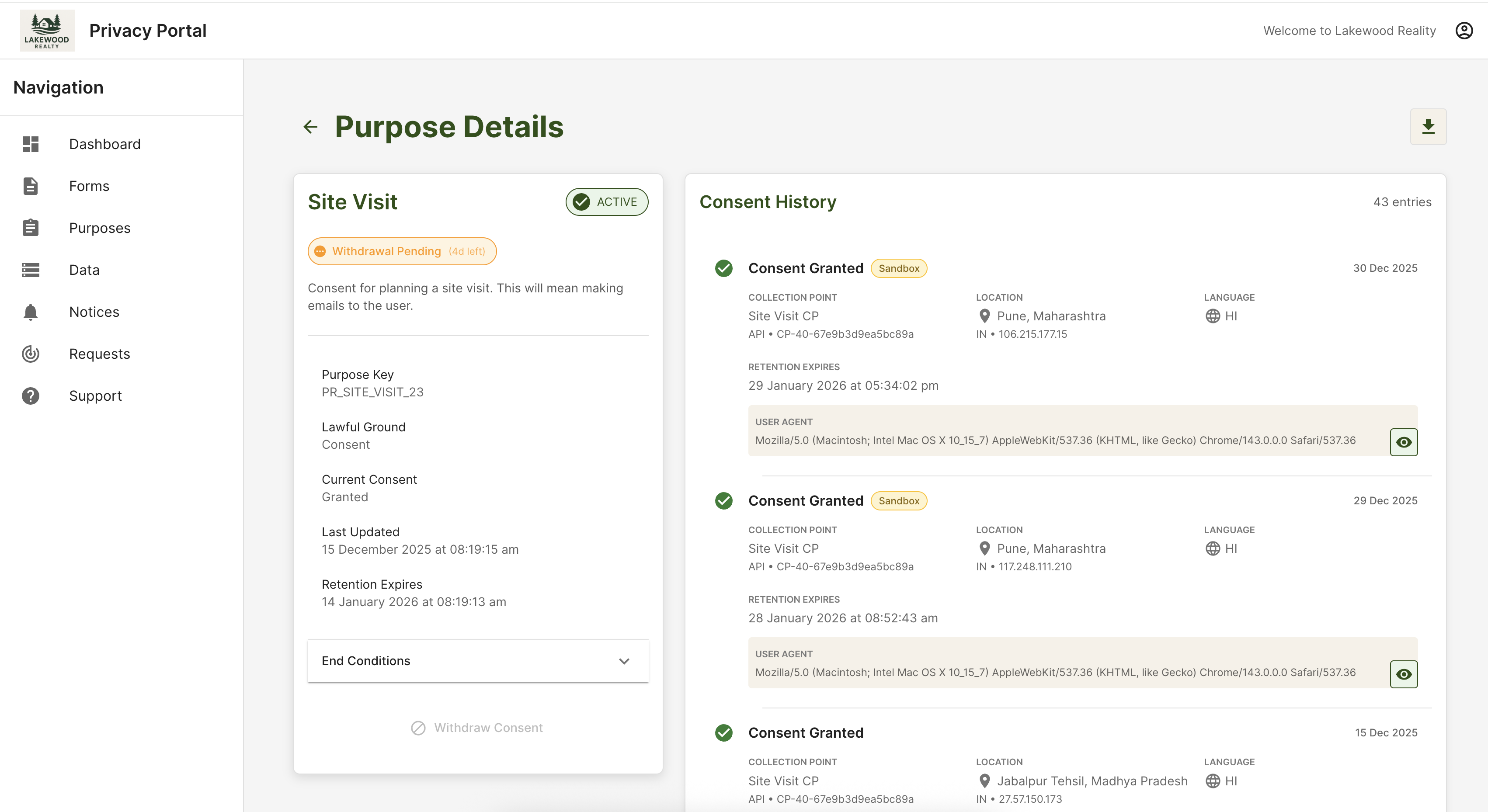 Privacy portal: purpose details and consent history (representative Kavach UI)