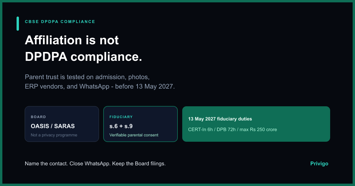 CBSE DPDPA compliance: affiliation is not the legal trigger — parent trust on admission, photos, ERP and WhatsApp is