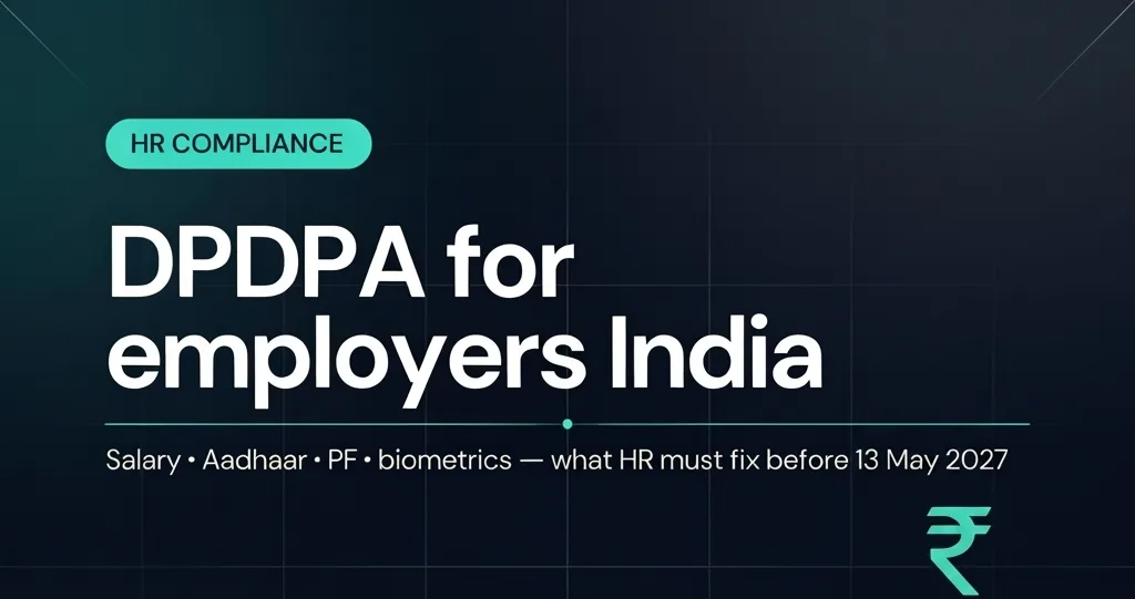 DPDPA for employers India: salary, Aadhaar, PF and biometrics — what HR must fix before 13 May 2027.